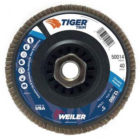 Weiler 5" Tiger Flap Disc, Conical (TY29), Backing, 40Z, 5/8"-11 UNC 50014